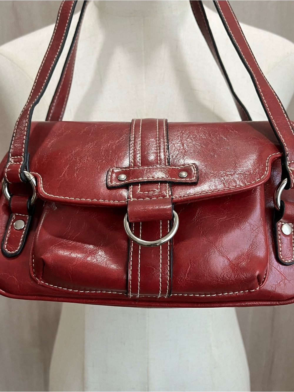 Y2K Red Shoulder Bag Coach Inspired Contrast Stitch Flap Pocket Purse - Picture 2 of 10